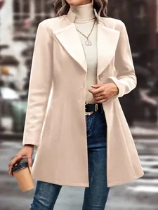 Elegant beige slim-fit wool coat with lapel collar for autumn and winter outfits