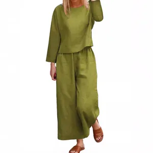 Casual olive green two-piece set featuring long sleeve top and loose wide-leg pants