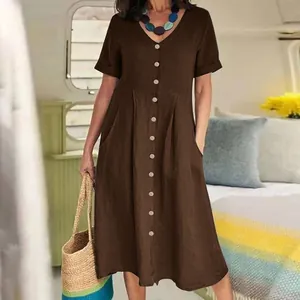 Loose-fit dark brown cotton linen midi dress with V-neck and button-down front detail