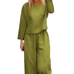 Casual two-piece set for women featuring olive green loose shirt and wide-leg trousers