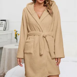 Soft and cozy khaki plush hooded bathrobe with adjustable waist tie and pockets for women