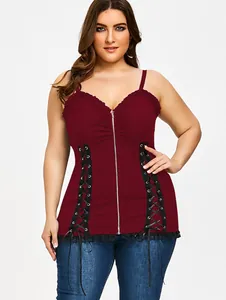 Plus size burgundy rib-knit camisole top featuring front zipper and side lace-up detail