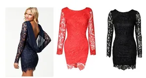 Elegant long sleeve lace mini dress with backless chiffon draping detail.