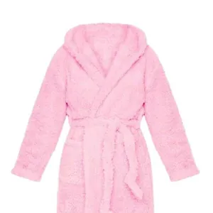 Cozy pink plush hooded bathrobe with adjustable waist tie for comfortable home lounging