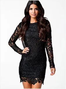 Elegant black long sleeve lace mini dress with intricate floral patterns and slim fit