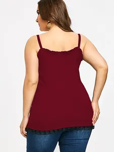 Back view of plus size burgundy ribbed camisole with delicate black lace trim details.