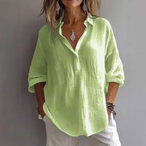 Camisa informal de lino verde lima de corte holgado con manga larga y escote en V