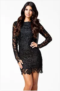 Detail showing intricate floral lace texture on a black long sleeve mini dress