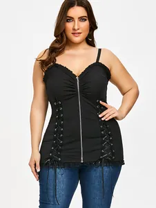 Detail view of plus size black camisole with zipper front and side lace-up design