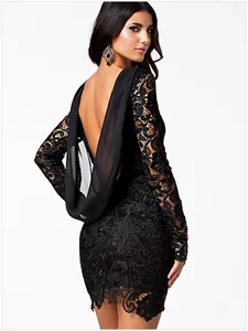 Elegant black lace and chiffon backless long-sleeved party dress showing back detail