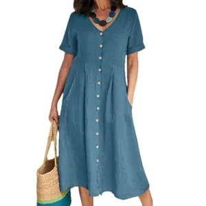 Elegant loose-fit solid blue cotton linen midi dress featuring V-neck and button-down front