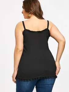 Back view of a black plus size camisole top with delicate lace trim at the hem