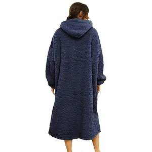 Oversized navy blue sherpa fleece wearable hoodie blanket shown from the back view