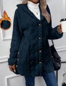 Fashionable navy blue plush hooded cardigan with diamond pattern and wood button detail