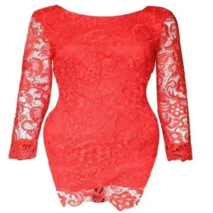 Macro detail of red floral lace fabric on elegant long-sleeve evening party dress