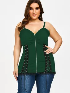 Detailed view of dark green plus size camisole with front zipper and side lace-up