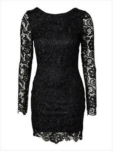 Detailed view of the intricate floral lace patterns on this black long-sleeved mini dress