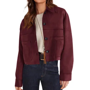 Fashionable wine red faux suede short jacket for women with large pockets and buttons