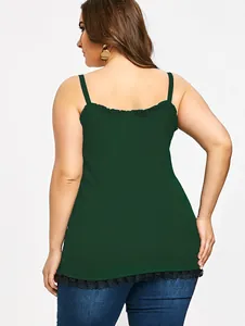 Detail view of a plus-size dark green ribbed camisole with black lace hem trim.