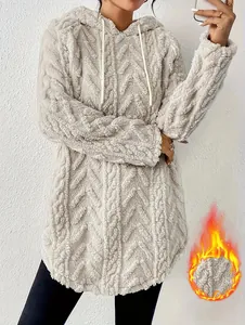 Sudadera con Capucha de Color Sólido para Mujer Textura Jacquard Felpa Top Manga Larga Cordón Pullover Invierno