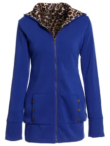Front view of a blue zip-up hoodie featuring a leopard print lined hood and buttoned pockets.