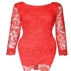 Elegant red lace long sleeve mini dress featuring intricate floral embroidery details