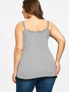 Detailed back view of plus size grey ribbed camisole featuring delicate black lace trim