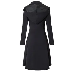 Back view of a minimalist black hooded wool coat featuring a slim A-line silhouette