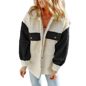 Giacca teddy casual da donna con blocchi di colore, maniche lunghe e doppie tasche anteriori