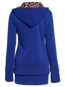 Detailed back view of a blue hooded sweatshirt showing the leopard print lining.