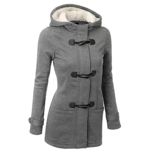 Detailed view of grey hooded duffle jacket with sherpa lining and toggle closures