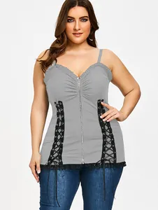 Plus size grey ribbed camisole with front zipper and decorative side lace-up detail