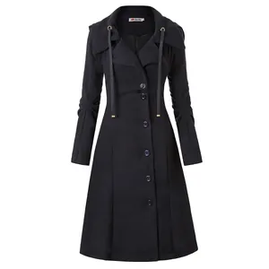 Detailed front view of a women's black long-sleeved hooded wool trench coat detail
