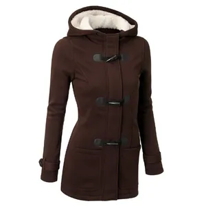 Detail of a women's brown hooded duffle coat with cozy fleece lining and toggles.