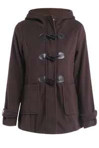 Close-up of a brown hooded duffle coat featuring classic horn buttons and front pockets