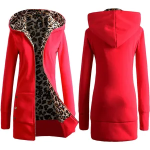 Front and back view of red hooded sweatshirt featuring a stylish leopard print lining