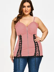Detail of plus size pink camisole with front zipper and side lace-up design
