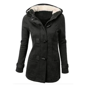 Classic black hooded toggle coat with faux fleece lining and zipper closure for women