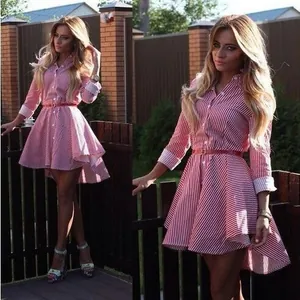 Close-up detail of women's red striped high-low shirt dress with belt