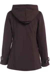 Back view of a thick dark brown women's hooded wool coat with sleeve button details