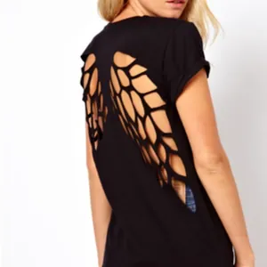 Top da Donna con Ali d'Angelo Traforato Ricamato Manica Corta Girocollo Maglietta in Poliestere Casual Vestibilità Comoda