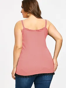 Back view of pink ribbed plus size camisole top with delicate black lace hem detail.
