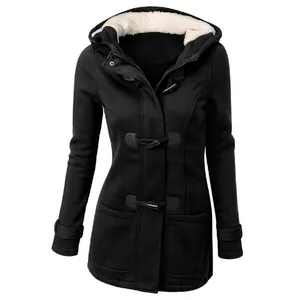 Detailed view of women's black hooded duffle coat with classic toggle buttons