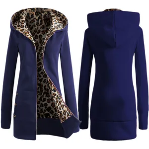 Women Leopard Print Lining Fleece Hoodie Autumn Winter Warm Zip Up Hooded Jacket Long Sleeve Plus Size Casual Sweatshirt Coat