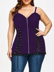 Detail showing the front zipper and lace-up sides of a plus size purple ribbed camisole