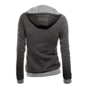 Rückansicht eines dunkelgrauen Damen Fleece Kapuzenpullovers mit hellgrauem Besatz.