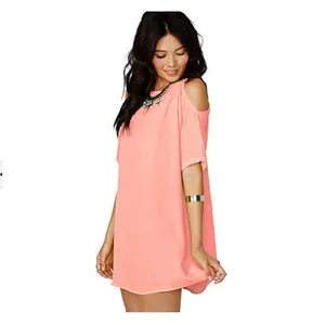 Lockeres schulterfreies Chiffon-Minikleid in Koralle mit kurzen Ärmeln für Damen