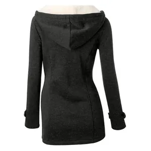 Back view of black hooded women's coat with fleece lining and decorative cuff straps