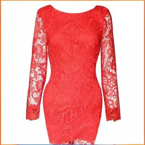 Vibrant red lace long-sleeve mini dress featuring delicate floral embroidery patterns