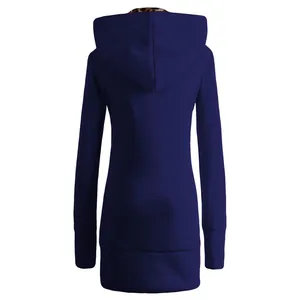Back view of a navy blue longline hooded sweatshirt with leopard print interior lining